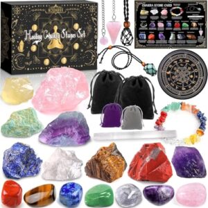 AGOVXTI Juego Regalo de Piedras y Cristales Curativos, Coleccion Minerales Piedras Naturales, Set de Piedras Chakras con Pendulo, Piedras Preciosas para Reiki, Yoga, Meditación, Sueño y Estudio