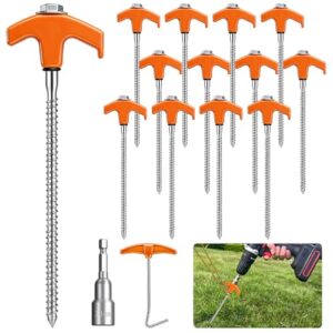KOHRIUK 12PCS Piquetas Camping de Acero,Piquetas para Tienda con Rosca,Piquetas Camping Suelo Duro con Herramienta de Extracción,Casquillo Hexagonal para Tienda de Campaña, Carpa y Exterior