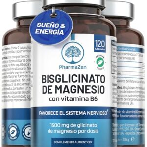 Bisglicinato de Magnesio 1500 mg - Sueño y energía - 300 mg de magnesio puro con vitamina B6 - Glicinato quelado - 120 cápsulas veganas - Alta absorción - PharmaZen