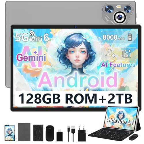 Dghrti 2026 Tablet Android, 22GB RAM+128GB ROM/TF 2TB, 8000mAh, 8-Core CPU, Control Parental, 3D Face ID, Widevine L1, WLAN 6, BT5.0, GPS, 5MP+8MP, Tablet con Funda Teclado+Ratón-Gris