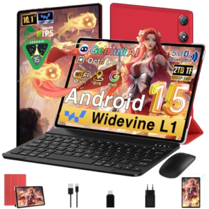 UJJ 2026 Tablet Android 15 10 Pulgadas Gemini AI, 64GB ROM + 2TB TF, Octa-Core, 5G WiFi, Widevine L1, GMS, Bluetooth 5.0, 5MP + 8MP, 3.5mm Audio, 1280 * 800 FHD IPS, Tablet con Teclado y Ratón,Rojo