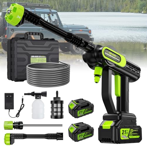 Hidrolimpiadora a Bateria de Alta Presión con Boquilla 6 en 1, 2 Baterías 4000mAh, 14 mm Salida de Agua 100 Bar Conexión Directa al Grifo y Botella para Limpiar Coche, Terraza, Jardín Limpieza y Riego