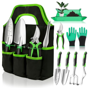 KOHRIUK 8 Piezas Kit Jardineria Aluminio y Acero Inoxidable,Juego de Herramientas de Jardineria Adultos con Guantes Alfombra para Trasplante y Bolsa Portátil Aficionados al Jardín