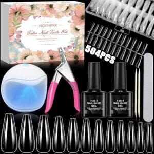 AGOVXTI Kit de Uñas Postizas, 504 Piezas Uñas de Gel, Kit de Uñas Postizas Acrílico, Poligel Kit Principiante Con Pegamento 7 en 1, Mini Lámpara de Uñas Semipermanentes