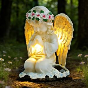 KOHRIUK Estatua del jardín de los ángeles estatua de ángel orando escultura ángel guardián con lámpara LED solar para terraza y patio