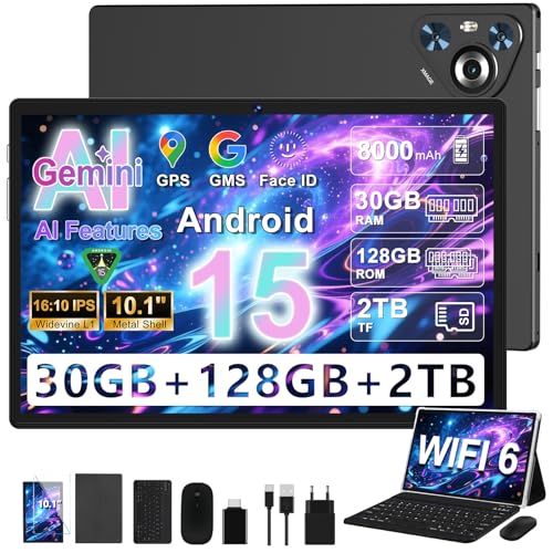 Dghrti 2026 Tablet Android Tablet 10 Pulgadas Gemini AI, 30 GB RAM + 128 GB ROM (2TB TF), 8000mAh, 8-Core CPU, 3D Face ID/Widevine L1/WLAN 6/BT5.0/GPS, con Teclado+Ratón MetÃlica-Negro