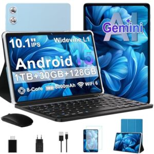 fezawio Tablet 10.1 Pulgadas Android 15 con Gemini AI, 30GB RAM 128GB ROM, Expandible hasta 1TB, Octa-Core, WiFi 6, Widevine L1, 8000mAh, Incluye Ratón, Teclado y Funda, Azul