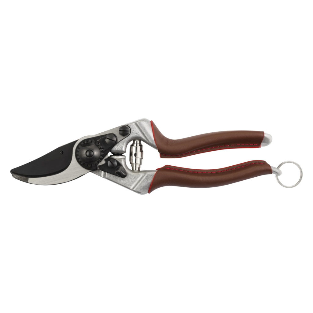 FELCO 8 ELITE tijera ergonómica para diestros mano grande, mangos cuero, hoja F-Tech negra, corte 25 mm, 210 mm, herramienta profesional suiza