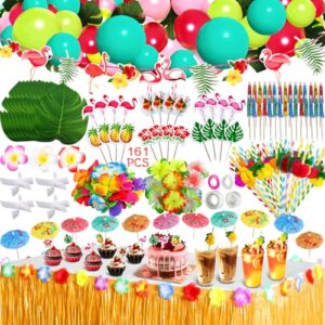 ZLPBAO 162 Pcs Hawaiano Luau Falda de Mesa Set de decoración con Aloha Globos, Decoración de Fiesta de Verano Beach de Fiesta Tropical de 9.6FT con Hojas de Palma Flores Hawaianas Paraguas