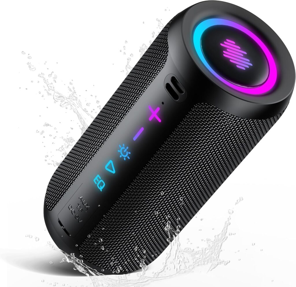 TIMU Altavoz Bluetooth 5.4 Potente, 25W Altavoces Bluetooth con 2 Modos EQ, Correa de Transporte, Compatible con PC, 8 Modos RGB, 24H de Reproducción, Emparejamiento TWS, IPX7, Micro SD y AUX