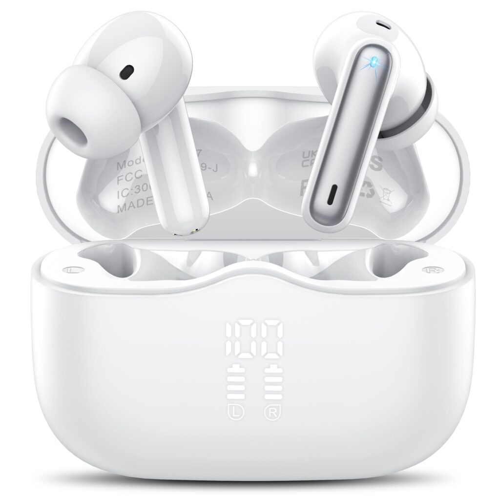 Auriculares Inalambricos Bluetooth, Auriculares Bluetooth 5.4 con ENC Reducción de Ruido, 40H HiFi Estéreo Cascos Inalambricos Bluetooth con 4 HD Mic, Pantalla LED, IP7 Impermeablem Cascos, Blanco