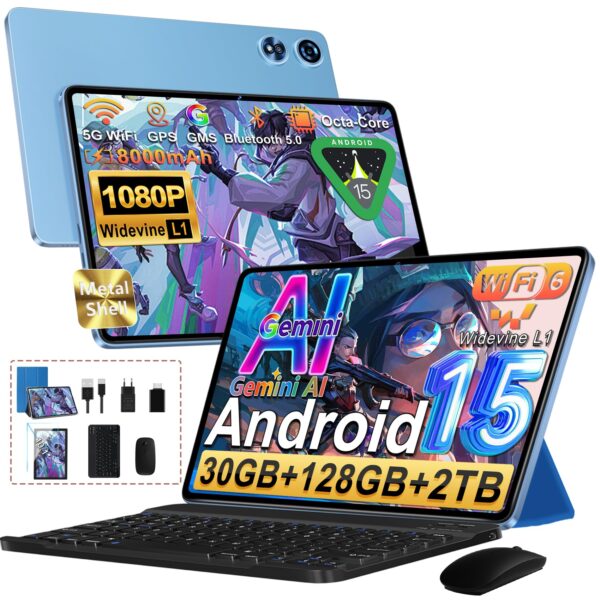 Tablet Android 15 Octa-Core 2.0GHz｜30GB RAM + 128GB ROM（Expandible 2TB ）｜8000mAh｜5G WiFi /Bluetooth 5.0｜Cámara Dual｜GMS Certificación Widevine L1｜5MP+8MP｜Tablet 10 Pulgadas con Teclado y Raton - Azul