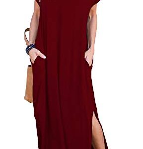 GRECERELLE Vestido Largo de Verano para Mujer, Casual, Manga Corta, Cuello en V, maxivestidos con Bolsillo, A09 Rojo Vino, S