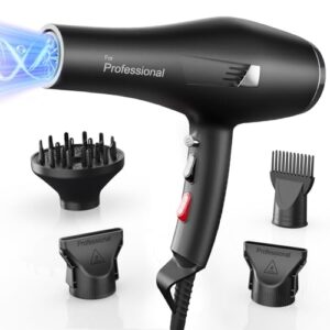 Secador de pelo profesional iones, Hair Dryer iónico con 1 difusor, 2 boquillas de peinado, 3 temperaturas, aire frío y caliente, secado rápido para todo tipo de cabello (Negro)