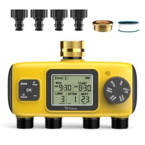TRJZWA 4 Entradas de Agua Programador Riego Automático, Controlador de Entrada de Latón Riego de Jardín Inteligente con Pantalla LCD, Retardo de Lluvia, IP65 Impermeable,Apto para Patios y Jardines