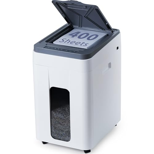 Trishintage Trituradora de Documentos Automática Profesional: 400 Hojas Autoalimentación P5 Micro Corte Motor Silencioso Cubo Grande 50L con Ruedas Ideal para Oficina Comercial y Uso Doméstico