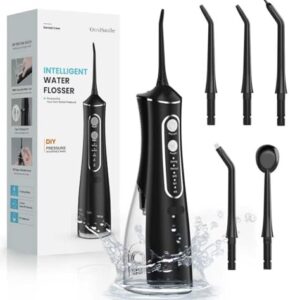 Irrigador Dental Portátil, 300ML Irrigador Bucal Profesional con Tecnología DIY Autoajustable, 5 Boquillas y 4 Modos, Ideal para Ortodoncia y Encías Sensibles, Inalámbrico IPX7 para Viaje Hogar