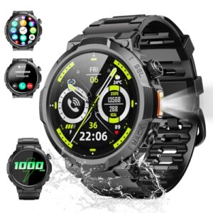 Reloj Inteligente Hombre con Linterna, 1.53'' Militar Smartwatch con Batería de 1000mAh, IP68 Reloj Deportivo con Llamadas Bluetooth/Monitor de Sueño/Pulsómetro, 100+Modos Deportivos para Android iOS