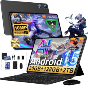 2026 Tablet Android 15, 128GB ROM+2TB TF, 30 RAM,10 Pulgadas Tablet táctil con Teclado y ratón,1280 * 800 IPS HD, Widevine L1, Gemini AI,2.4G/5G WiFi, Octa-Core, 5+8MP, BT 5.0, 8000mAh, Metálica,Negro