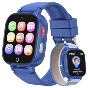 PTHTECHUS 4G Reloj Inteligente Niño con Videollamada, GPS, SOS, Chat de Voz, IP68 Impermeable, Modo Escuela, Podómetro, Despertador, Reloj Infantil Regalo para Niños Niñas de 4 a 12 Años (Azul-8A)