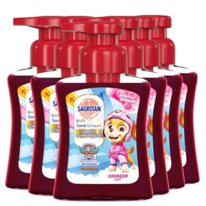 Sagrotan Kids - Jabón de espuma de terciopelo de fresa – Paw Patrol Edition – 6 x 250 ml de jabón en espuma de colores en dispensador de jabón