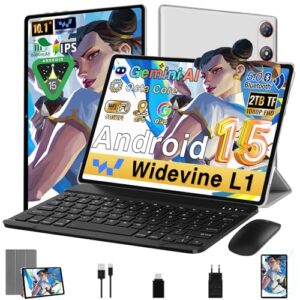 Gemini AI Tablet 10 Pulgadas Android 15, 64GB ROM + 2TB TF, , Octa-Core, 5G WiFi 6, Widevine L1, GMS, Bluetooth 5.0, 5MP+ 8MP, 3.5mm Audio, 1280 * 800 FHD IPS, 2026 Tablet con Teclado y Ratón,Plateado