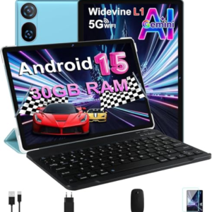 DMOAO Tablet 10 Pulgadas Android 15 con Gemini AI, 30 GB RAM + 2 TB ROM Expansión, 5G WiFi, GPS, Widevine L1, Octa-Core, BT 5.0, 6000mAh, USB-C, FHD Tablet con Teclado+ Ratón + Funda, Azul