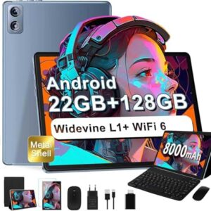 Dghrti Tablet 10 Pulgadas Android, 22GB RAM+128GB ROM (1TB TF), CPU Octa-Core, 8000mAh, Widevine L1, Dual WiFi, BT 5.0, Face ID, 5MP+8MP, con Carcasa MetÃlica, Teclado y Ratón-Grey