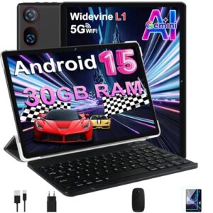 DMOAO Tablet 10 Pulgadas Android 15 con Gemini AI, 30 GB RAM + 2 TB ROM Expansión, 5G WiFi, GPS, Widevine L1, Octa-Core, BT 5.0, 6000mAh, USB-C, FHD Tablet con Teclado+ Ratón + Funda, Negro
