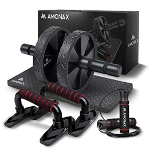 Amonax - Rodillo de rueda para abdominales con alfombrilla grande para ejercitar abdominales, doble rueda con modos de entrenamiento de fuerza dual en el gimnasio en casa (Negro Set Combinado 3 En 1)