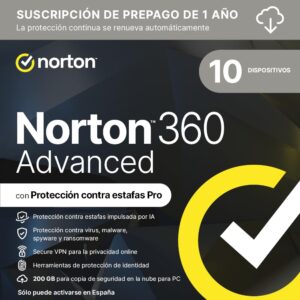 Norton 360 Advanced 2026 │ 10 Dispositivos │ 12 meses renovación automática │ Social Media, Dark Web Monitoring y VPN │ Código por email