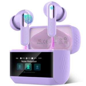 Auriculares Inalámbricos con Pantalla Táctil LED, 2026 Auriculares Bluetooth 5.4 HiFi Estéreo con HD Mic, 48H Cascos Inalambrico con Reducción de Ruido ANC+ENC, 5 Modos EQ, IP7 Impermeable, Morado