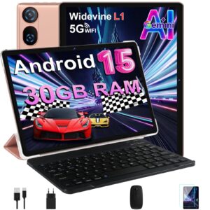 DMOAO Tablet 10 Pulgadas Android 15 con Gemini AI, 30 GB RAM + 2 TB ROM Expansión, 5G WiFi, GPS, Widevine L1, Octa-Core, BT 5.0, 6000mAh, USB-C, FHD Tablet con Teclado+ Ratón + Funda, Dorado
