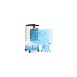 Aire Acondicionado Portátil Silencioso, Enfriador de Aire sin Tubo 4 en 1, 4 Modos 3 Velocidades, 60W Climatizador Evaporativo, Temporizadores de 1-12 H con Control Remoto, 4 Ruedas para Hogar Oficina