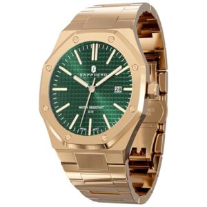 SAPPHERO Relojes para Hombre Acero Inoxidable Cuarzo Reloj de Hombres Resistente al Agua con Fecha de Estilo Moderno y Ejecutivo Hombre Correa Rosegold Cara Verde
