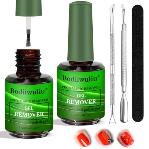 2 Piezas Quita Esmalte Semipermanentes Para Uñas, 2×15 ml Removedor Esmalte Set, con Lima de Uñas, Palo Empuje y Rascador de Esmalt, Segura y Rápida Para Salones Manicura
