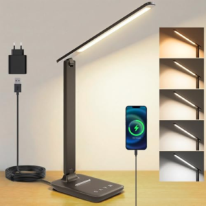 UPXNBOR Lámpara De Escritorio LED, Lámpara De Mesilla Regulable Con Luz De Cuidado Ocular Y Puerto De Carga USB-A, 5 Modos De Luz Y 5 Niveles De Brillo, Luz De Lectura Plegable Para Dormitorio