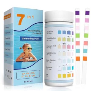100 Tiras Reactivas de Prueba Piscina y Spa 7 en 1,Tiras Para Bañera de Hidromasaje pH Prueba,Alcalinidad,Dureza Total,Medidor Cloro Libre,Acido Cianurico,Cloro y Bromo,pH y dureza