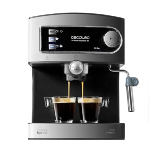 Cecotec Cafetera Express Manual Power Espresso 20. 850W, Presión 20 Bares, Depósito de 1,6L, Brazo Doble Salida, Vaporizador, Superficie Calientatazas, Acabados en Acero Inoxidable