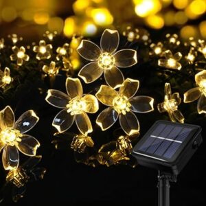 BG9D Guirnalda solar exterior, luces solares 11 m, flores exterior, 60 LED, impermeable, 8 modos con memoria, flores LED para jardín, terraza, balcón, fiesta, boda, decoración de patio