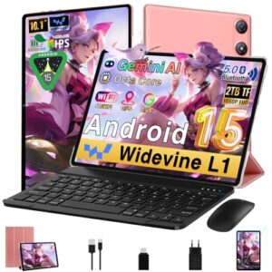 Gemini AI Tablet 10 Pulgadas Tablet Android 15, 64GB ROM + 2TB TF, Octa-Core, 5G WiFi 6, Widevine L1, GMS, Bluetooth 5.0, 5MP + 8MP, 3.5mm Audio, 1280 * 800 FHD IPS, Tablet con Teclado y Ratón (Rosa)