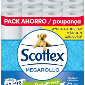 Scottex Papel Higiénico Megarollo (Doble rollo) 48 rollos equivalen a 96 rollos regulares - (4 packs de 12 rollos)