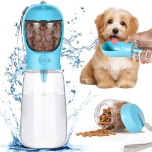 TEWWCEO Botella de 550 ml para perros, incluye recipiente para alimentos de 80 g, botella para perros para viajes, botella de agua para perros y gatos, a prueba de fugas, botella de agua portátil para