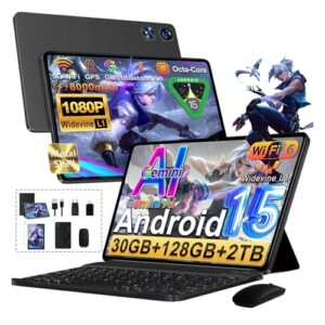Tablet Android 15 Octa-Core 2.0GHz|30GB RAM + 128GB ROM(Expandible 2TB )|8000mAh|5G WiFi /Bluetooth 5.0|Cámara Dual|GMS Certificación Widevine L1|5MP+8MP|Tablet 10 Pulgadas con Teclado y Raton - Negro