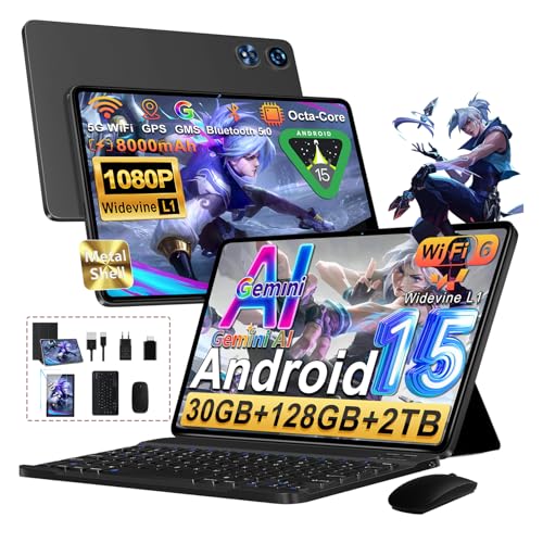 Tablet Android 15 Octa-Core 2.0GHz|30GB RAM + 128GB ROM(Expandible 2TB )|8000mAh|5G WiFi /Bluetooth 5.0|Cámara Dual|GMS Certificación Widevine L1|5MP+8MP|Tablet 10 Pulgadas con Teclado y Raton - Negro