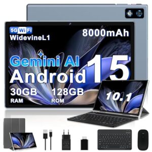 BIEGEDY 2026 último Tablet 10 Pulgadas Android 15 con Gemini AI, 30GB RAM + 128GB ROM（TF 2TB）, Octa-Core 2.0GHZ, 8000mAh, GMS, Widevine L1, GPS, OTG,5G WiFi 6 & BT 5.0,Tablet con Teclado y Raton-Gris