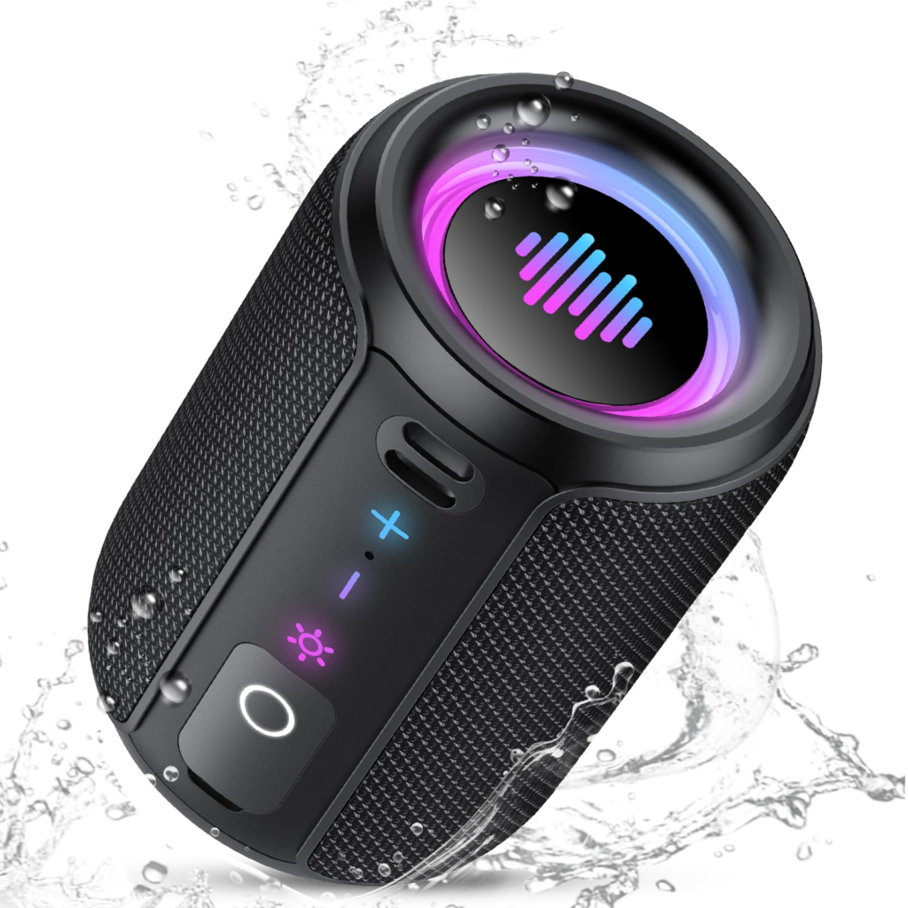 Altavoz Bluetooth Potente 5.4, 15W Pequeño Portatil Altavoz Bluetooth, 360° Sonido Estéreo TWS, Luces LED de Colores Inteligentes, 12H de Reproducción, Impermeable IPX7, para Exterior//FiestasViajes