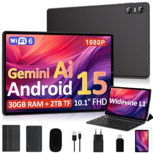 Biegedy 2026 Tablet 10 Pulgadas Android 15, Gemini AI, Octa-Core, 5G WiFi 6, 30GB RAM (2TB TF), Widevine L1, GMS, GPS, BT 5.0, 6000mAh, 5+8MP, 3.5mm Audio, FHD Tablet con Teclado+ Ratón + Funda, Negro