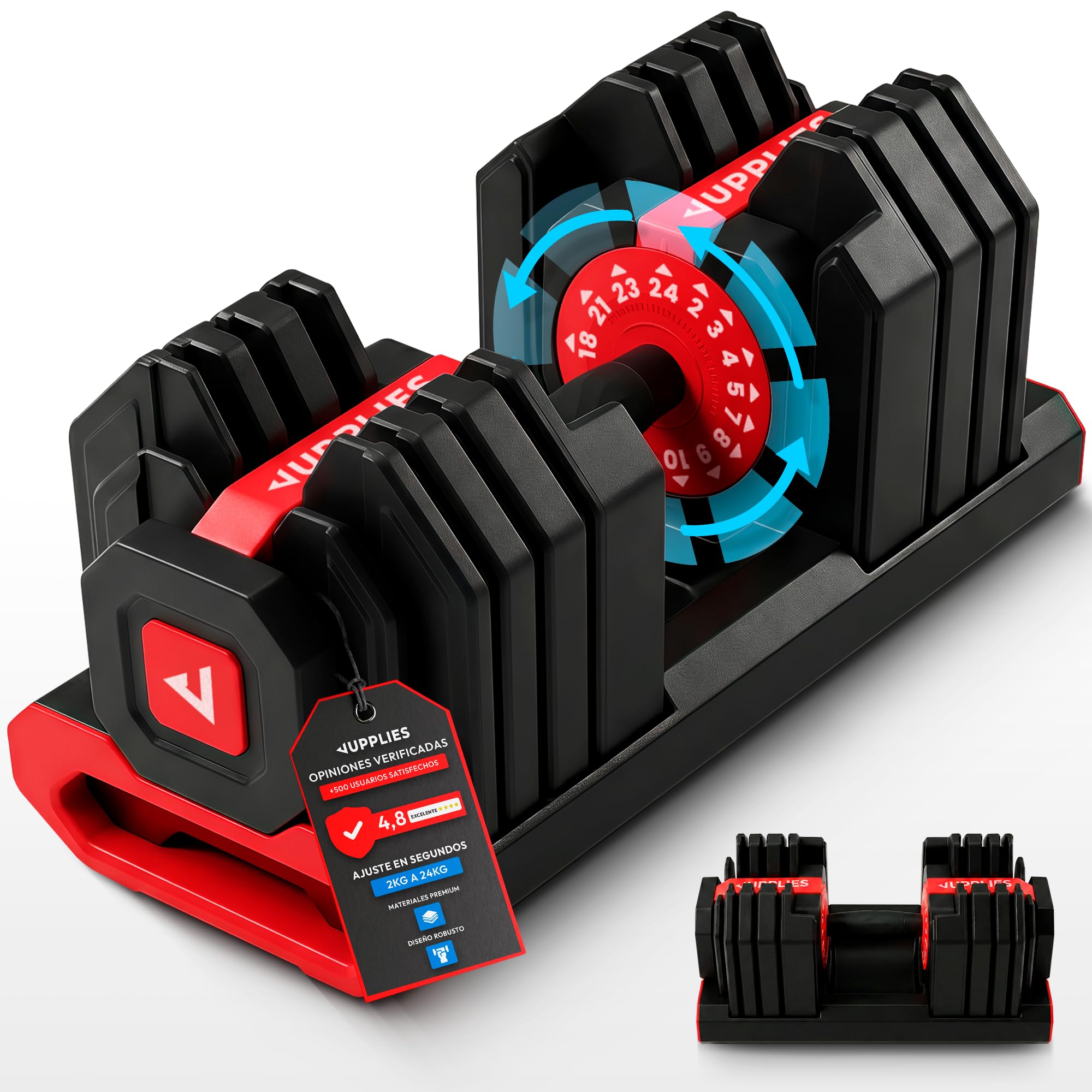 JUPPLIES Mancuerna Ajustable Hasta 24 kg – Pesas Regulables 15 Niveles 2–24 kg con Ajuste Rápido, Bloqueo de Seguridad y Base Antideslizante, Ideal para Entrenamiento en Casa o Gimnasio