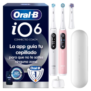 Oral-B iO6 Cepillos de Dientes Eléctricos, Blanco y Rosa, Pack de 2, 3 Cabezales - Cepillo Dental con Estuche de Viaje, 5 Modos de Cepillado, Sensor de Presión, Temporizador y Seguimiento con App